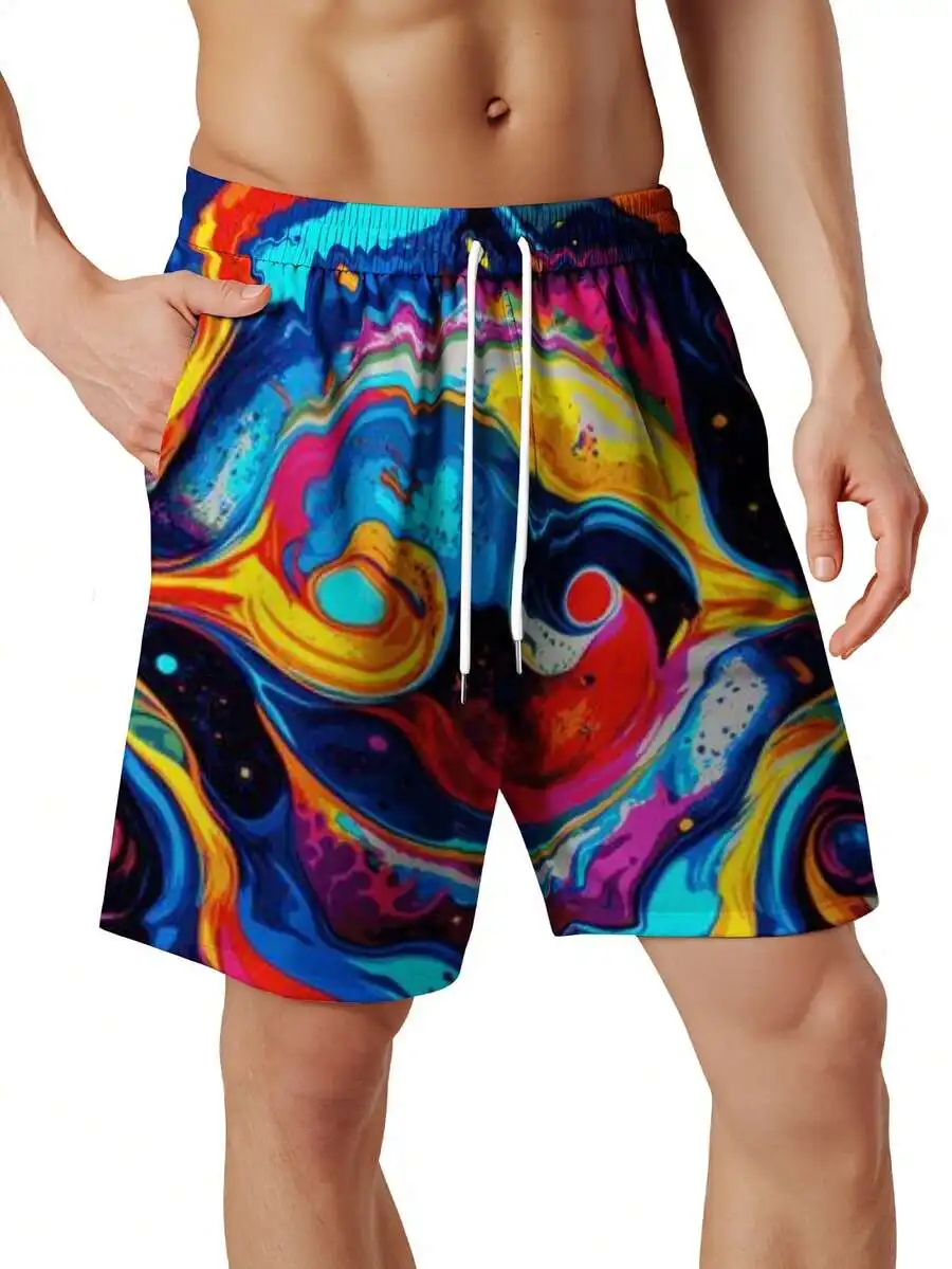 

Mens Abstract Print Quick Dry Swim Trunks With Drawstring Waist
