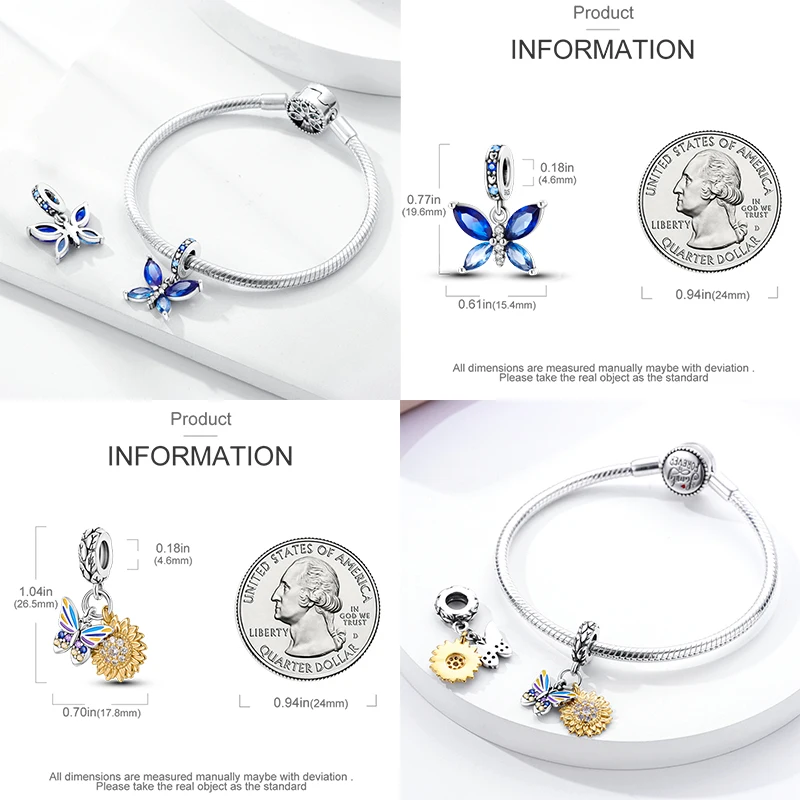 Colgante de plata de ley 925 con forma de mariposa y girasol, charmas compatibles con pulsera Pandora original, collar de cuentas, joyería para mujer