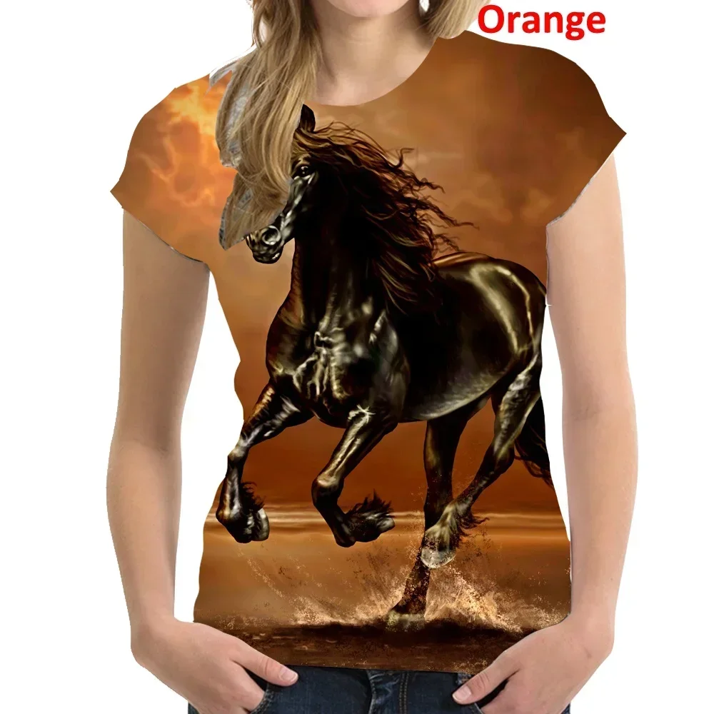 2023 Fashion Women Clothing Horse Printed Casual T-shirt Short Sleeve Tops Summer T-shirt Ladies Round Neck Blouse Tops