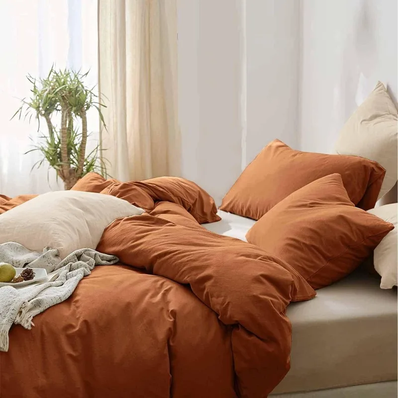 

Burnt Orange Duvet Cover , 3pc Terracotta Soft Farmhouse Quilt Cover Set, 1 Lightweight Rust Microfiber Duvet Cover