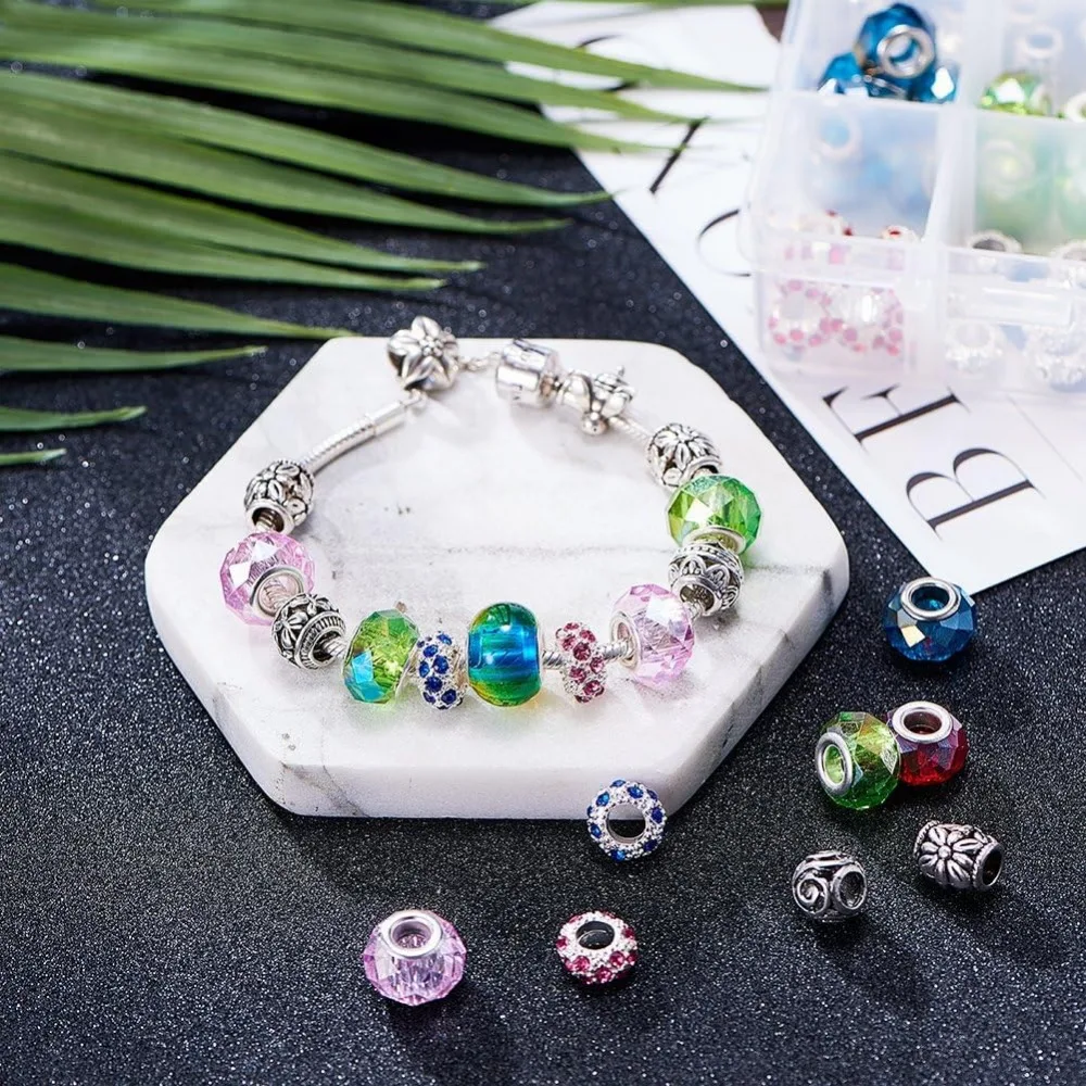 144PCS Mixed Style and Colors European Beads, Alloy Rhinestone Large Hole Glass European Charms Beads fit Bracelet Jewelry