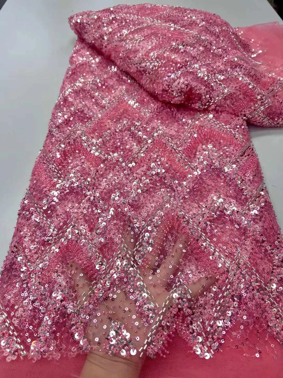 

African Beaded 2025 High Quality Nigerian Sequins With Pearl Lace French Tulle Lace Fabric For Party Dress Sewing