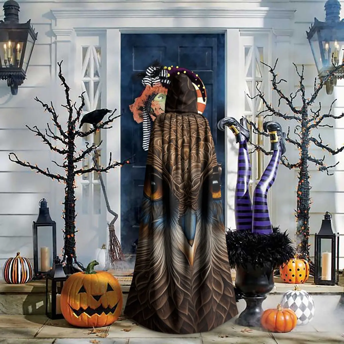 البومة صورة طويلة مقنعين عباءة الساحرة القرون الوسطى زي تأثيري كيب HalloweenParty الكبار للجنسين