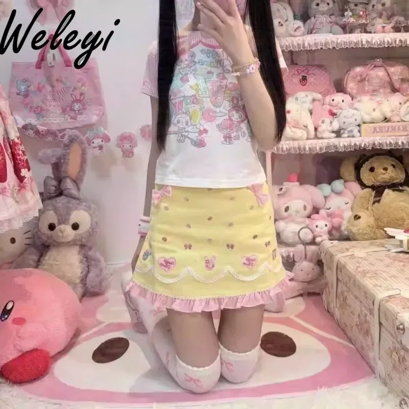 

Super Cute Daughter Clothes A Line Skirt Summer Fashion New American Retro Kawaii Lace Puff Cake Yellow Elegant Versatile Falda