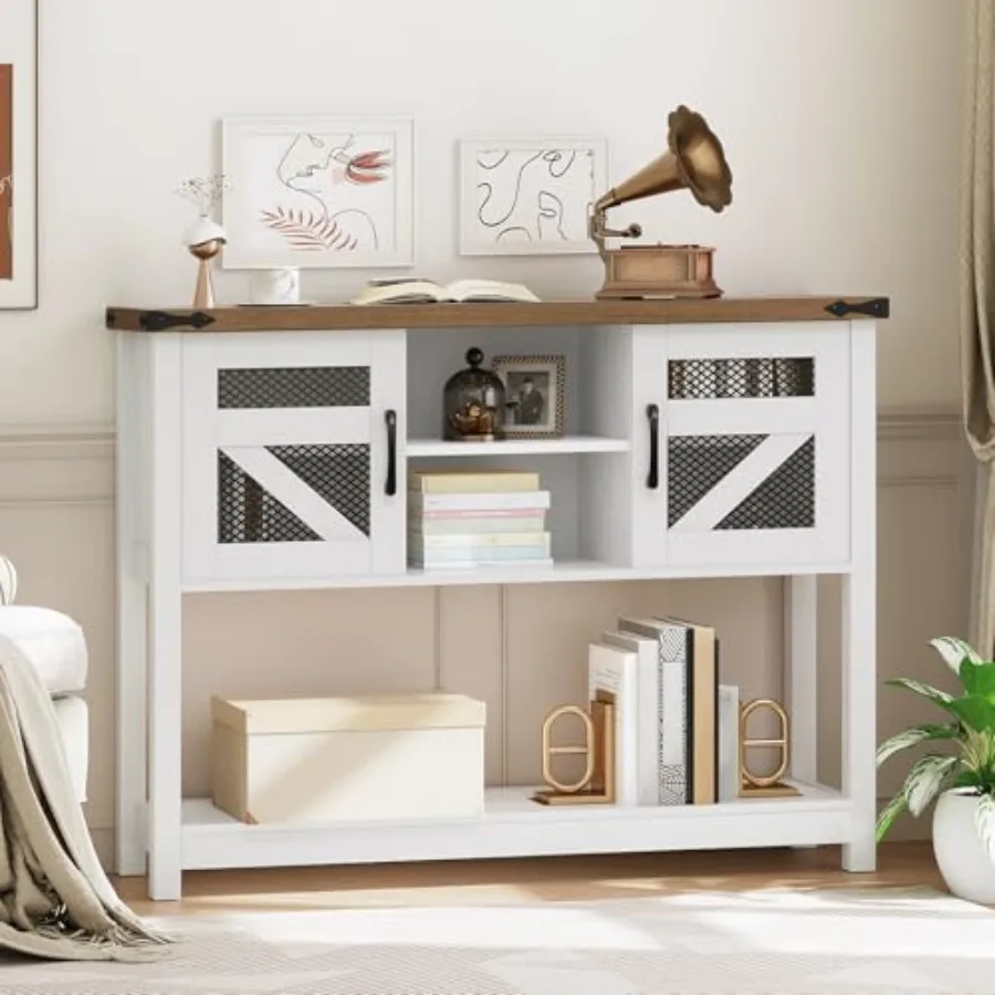 

Farmhouse Entryway Table with Storage 43.3 Small Console Tables for Entryway Rustic Hallway Table with Open Shelf and 2 Cabine