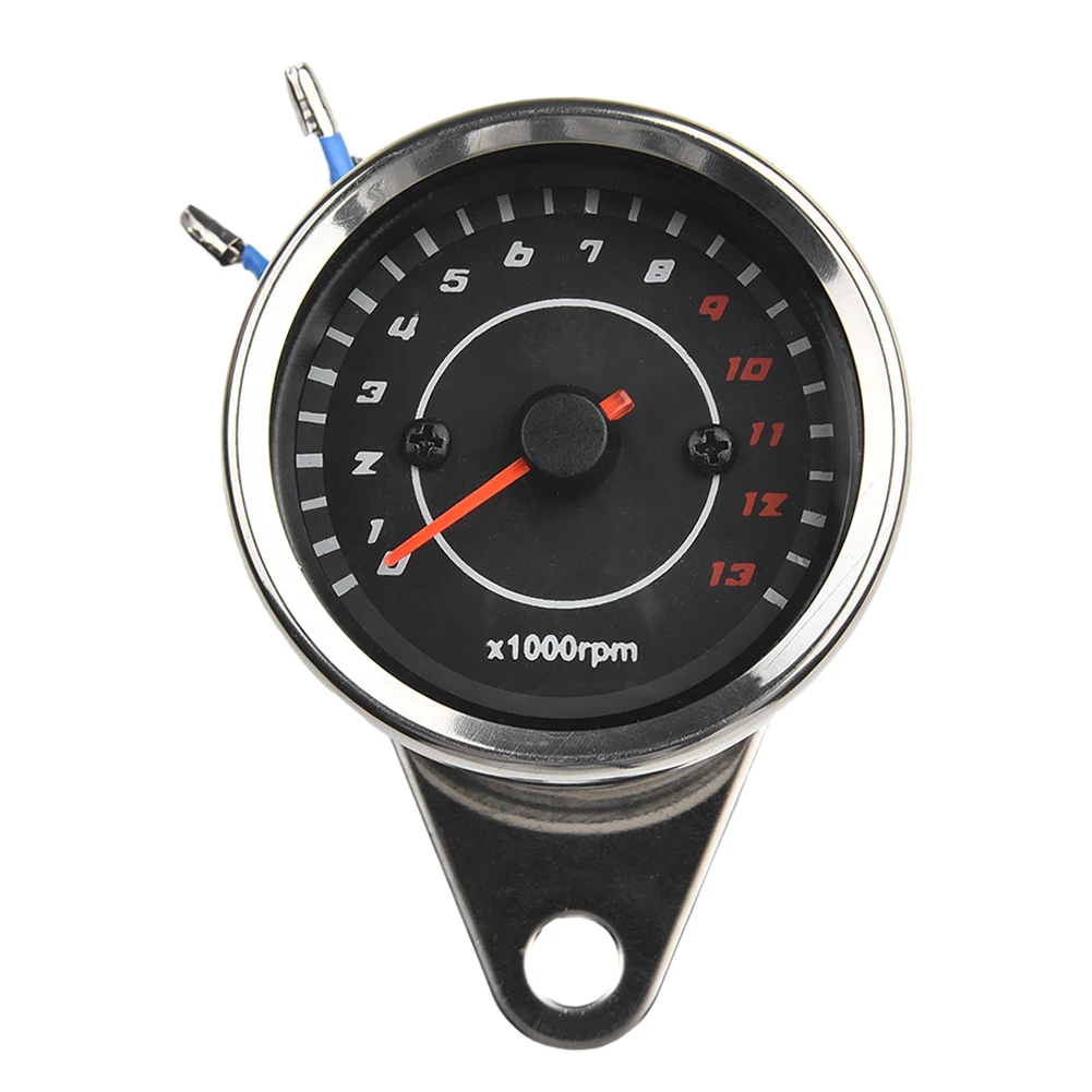 Motorcycle Tachometer Meter 12V with LED Backlight Stainless Steel Housing Glass Cover Max 13 000 RPM Mounting Bracket