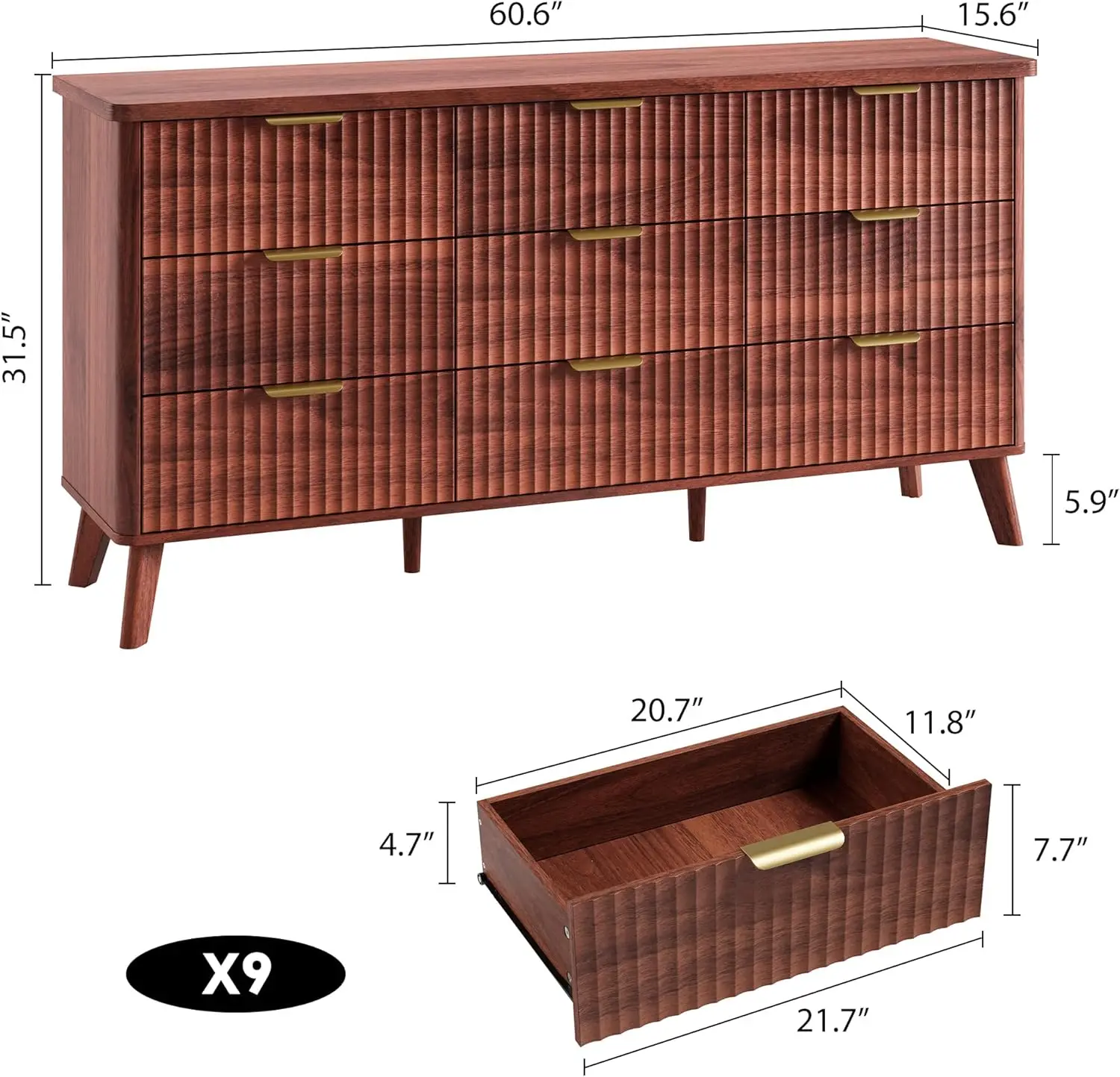 Walnut Wooden 9 Deep Drawer Fluted Dresser with Curved Profile for Bedroom, Living Room, Kids Room, Hallway view 2