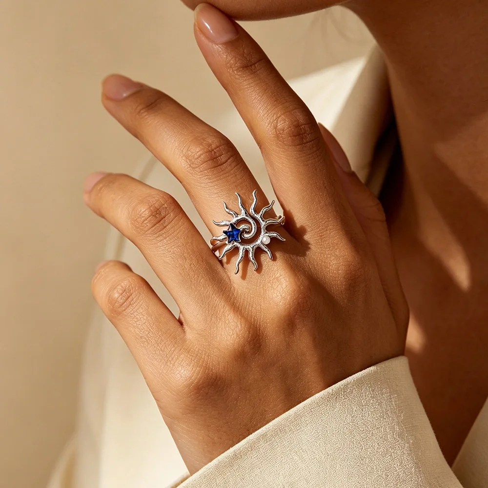 Blaue Zirkon-Imitationsperlen-Sonnenringe für Frauen, silberfarbener Edelstahlring, ästhetischer Schmuck für Hochzeit und Weihnachten, Geschenk.