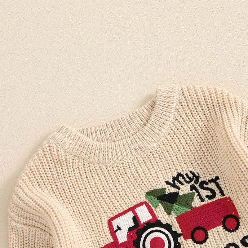 Christmas Reindeer Knit Sweater Toddler Boy Girl Elk Embroidery Crew Neck Long Sleeve Pullover Tops for Winter Holiday Season