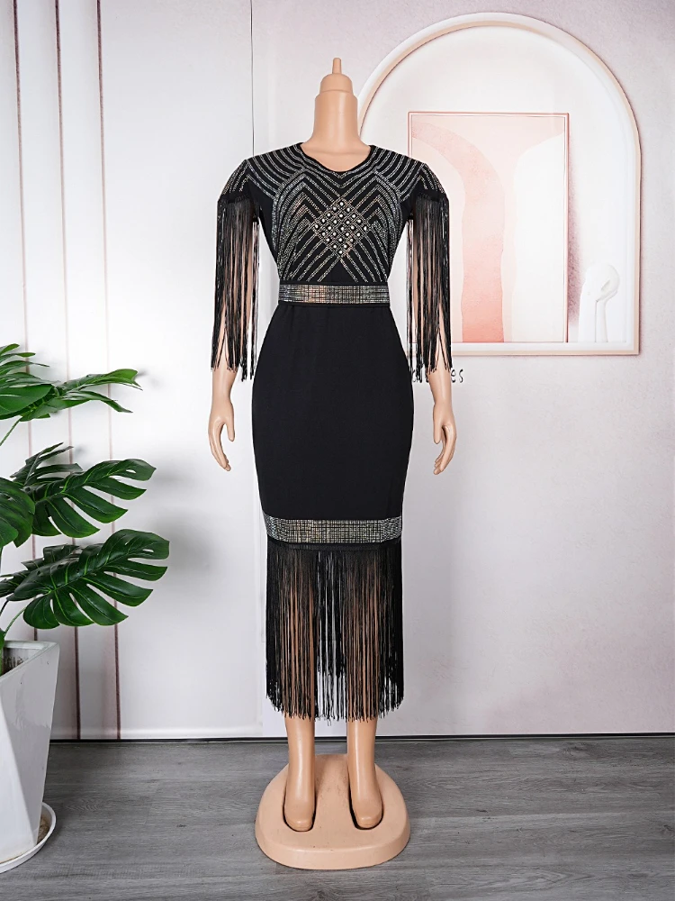 Long White Dress Women Sexy Dresses Bodycon Hot Drill Vestidos Streetwear V Neck Tassels Elegant Y2k High Waist Party Night