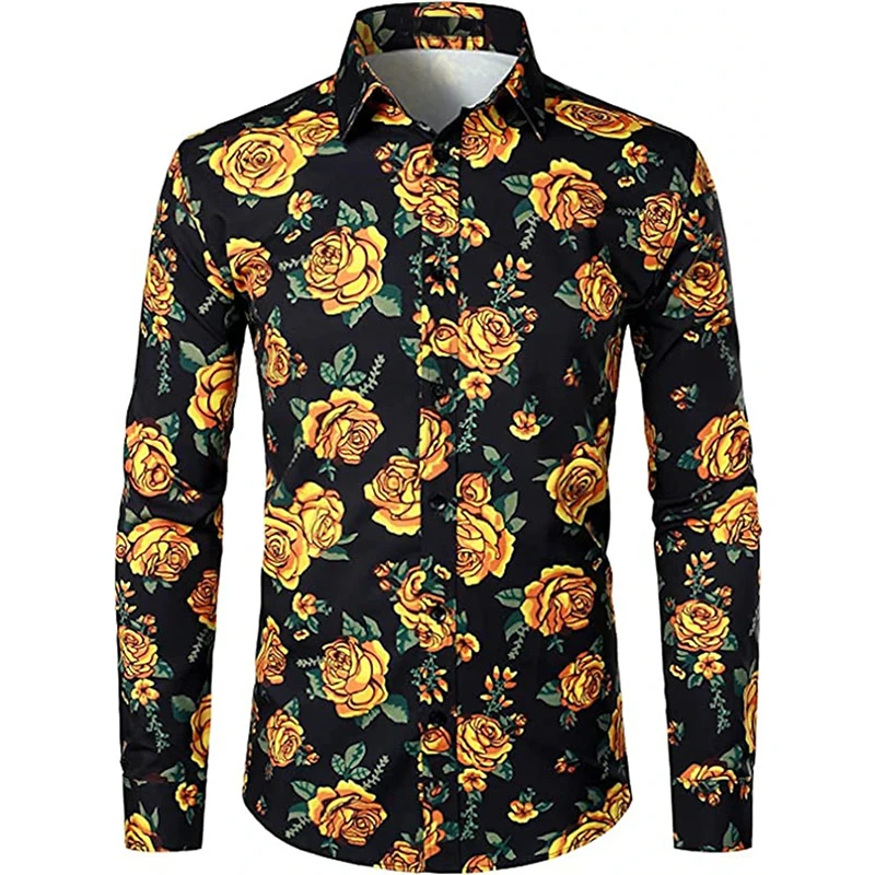 New Style 3D Print Rose Floral Graphic Shirts For Men Turndown Long Sleeve Button Down Casual Shirt Mens Loose Breathable Blouse