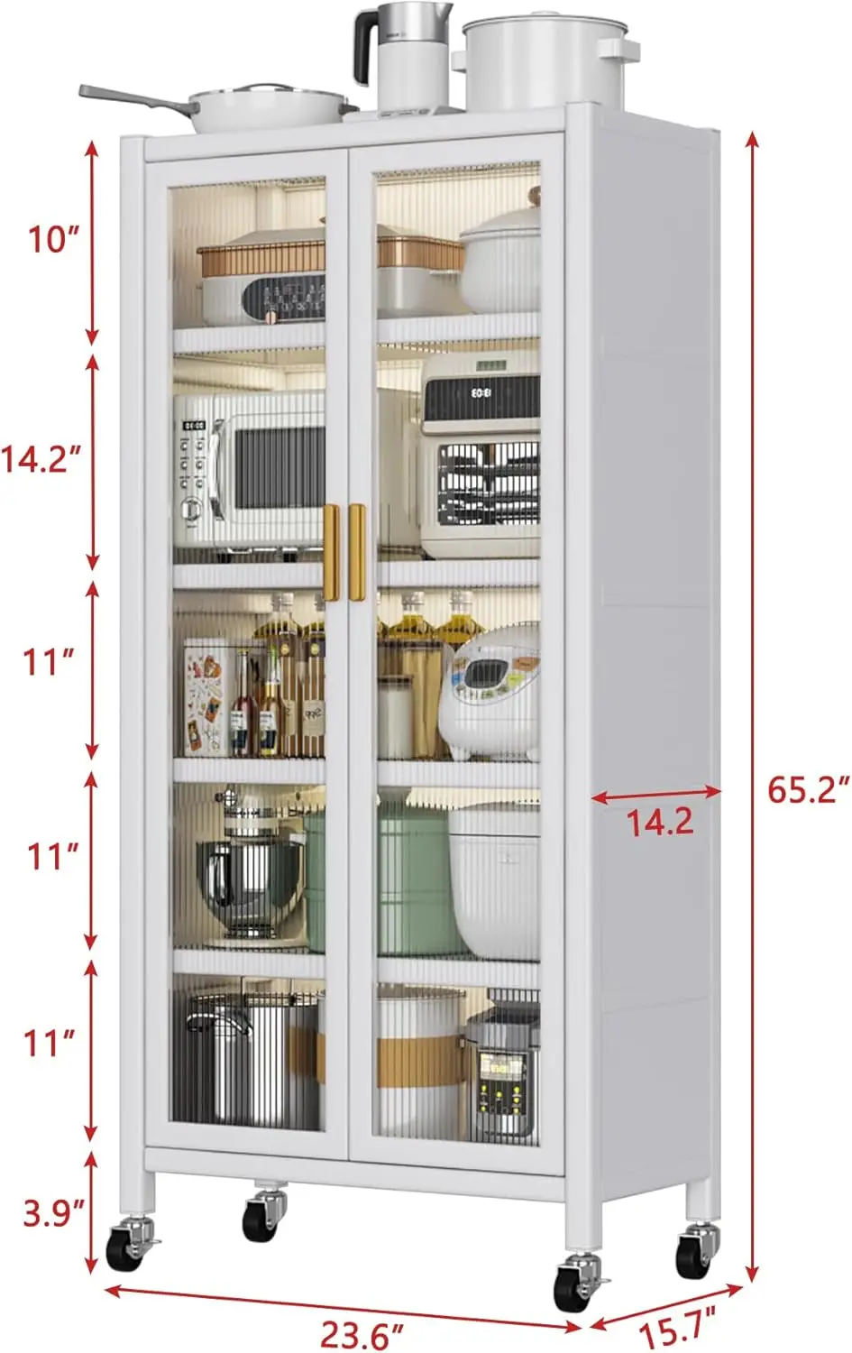 Mobile Microwave Stand with Doors, Tall Pantry Cabinet, Freestanding Kitchen Bakers Rack with 4 Rolling Casters White