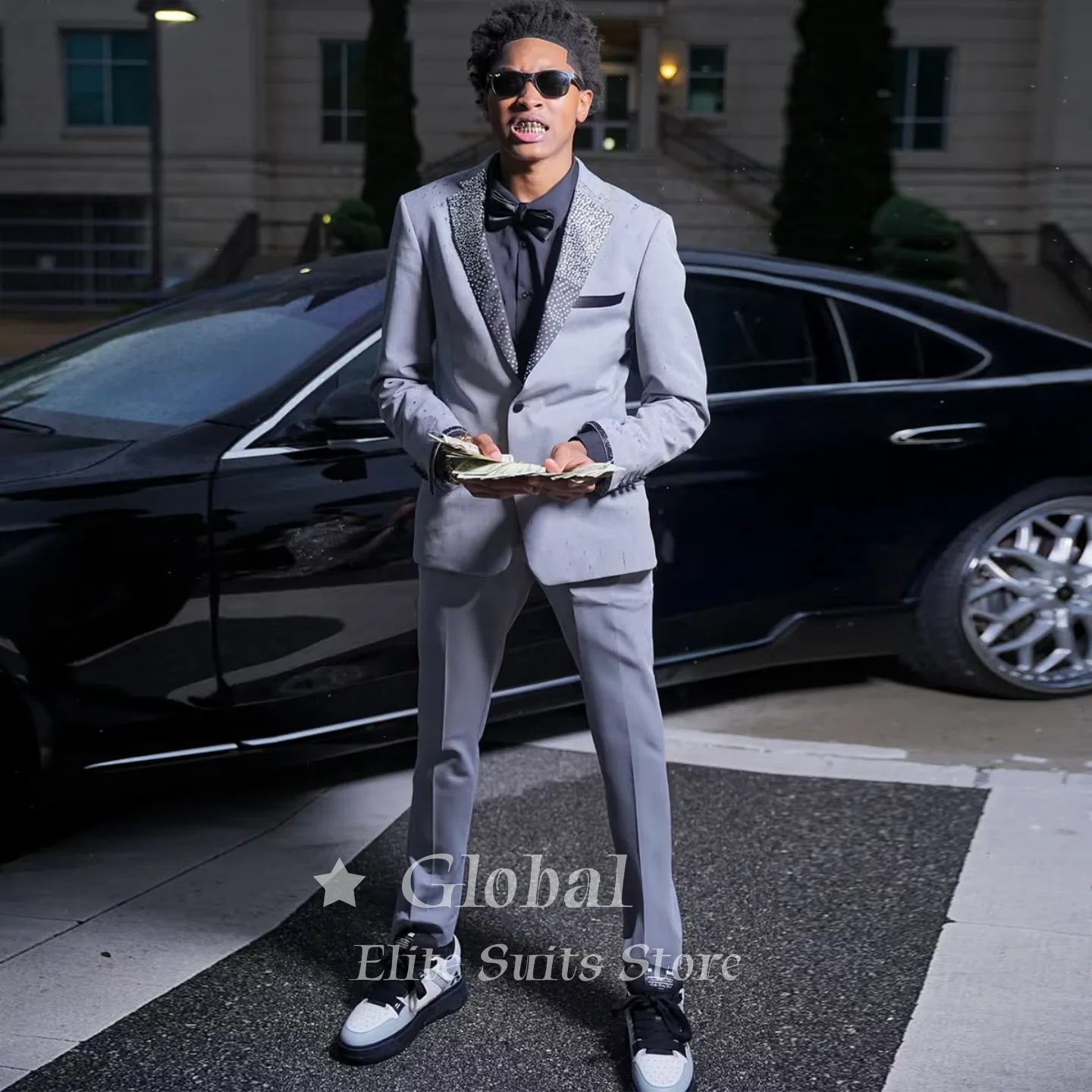 Luxury Grey Prom Suit 2 Piece Set For Men With Crystal Embellished Lapel Blazer And Matching Pants Prom Wedding Customized