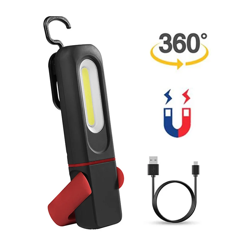 COB LED Work Light USB Rechargeable Flashlight Hanging Hook Magnetic Work Light Emergency Inspection Torch Lamp for Garage