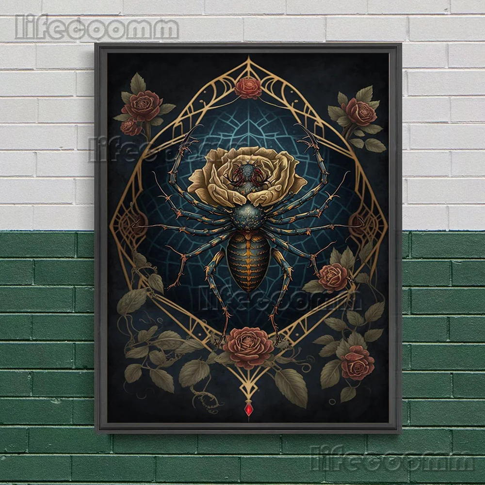 Spiders,Beetles And Dragonflies Gothic Wall Art Canvas Painting Magic Creature And Plant Flowers Abstract Art Psoter Print Decor