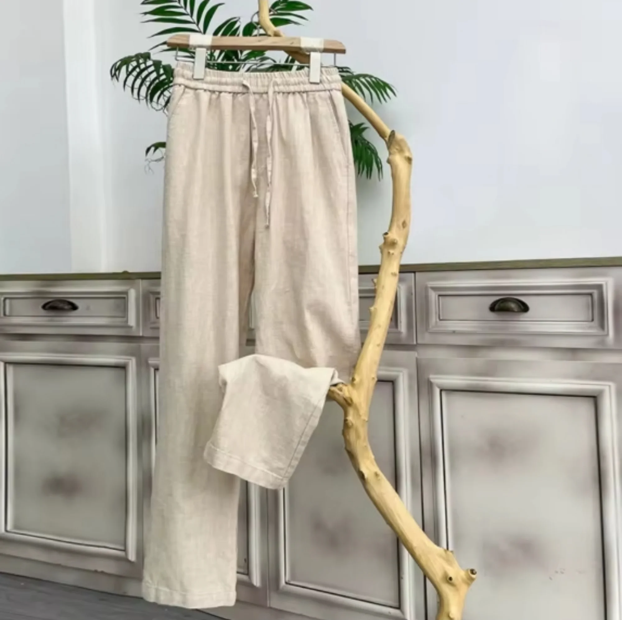 

Men's Cotton Linen Pants Solid Color Summer Loose Fit Drawstring Casual Trousers Lightweight Breathable Beach Wear
