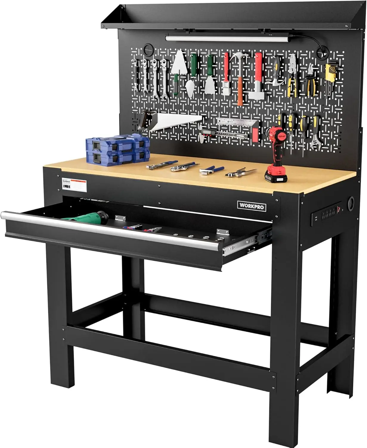 Garage Workbench with Storage,  Power Outlets and Light, Multipurpose Work Bench