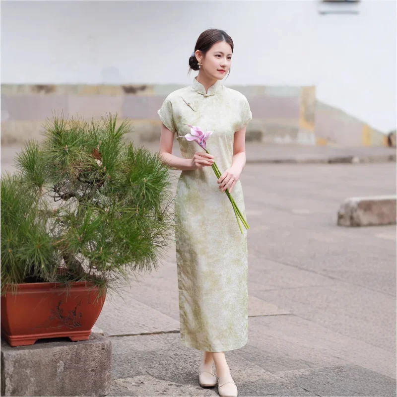 Autumn Women Qipao Jacquard Sexy Satin Cheongsam Vintage Button Chinese Dress Elegant Mandarin Vollar Vestidos Plus Size 3Xl
