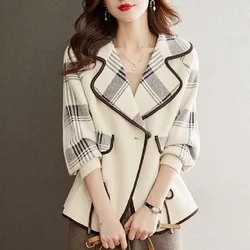 Clothes Coats for Women Black Jacket Wool & Blend Plaid Check Green Outerwears Tweed Blazer Woman Loose Colorblock Fashion 2024