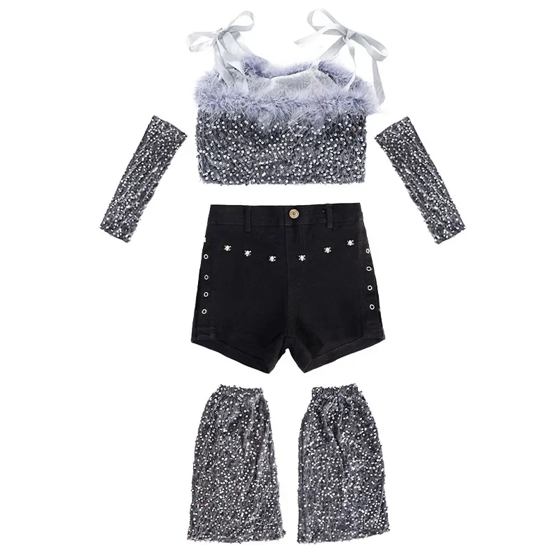 Jazz Dance Pailletten Haarige Leistung Kostüme Mädchen Kinder T-bühne Runway Fashion Hip-hop Street Dance Kleidung