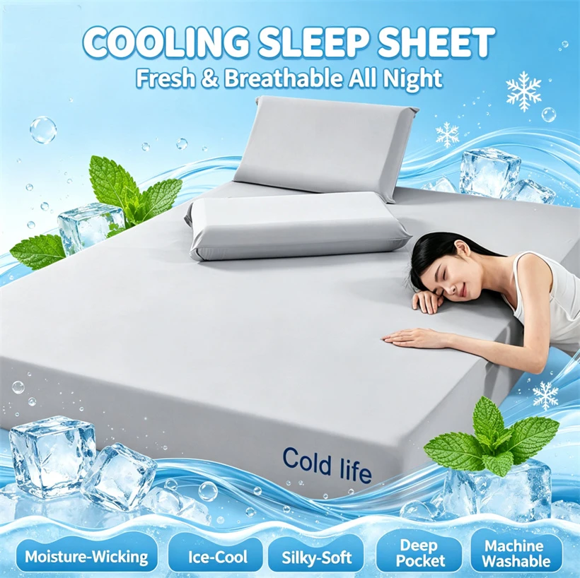 Cooling Fitted Sheet Ice‑Cool Touch Summer Mattress Cover Deep Pocket Non‑Slip Elastic Bed Sheet Breathable Soft Solid Bed Linen