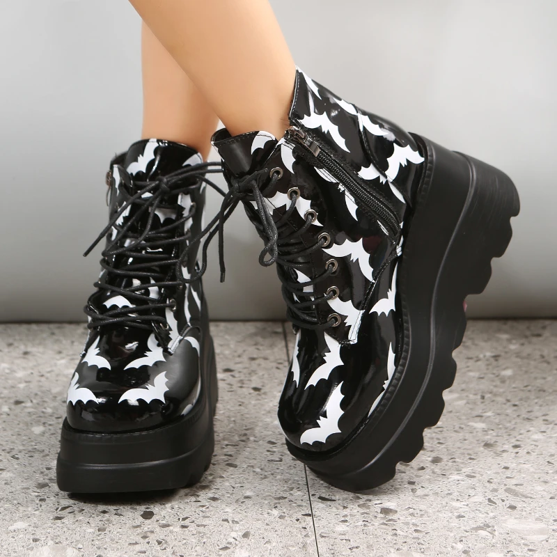 2024 Women Black Bat Pattern Fashion Baotou Thick Sole Boots Women Outdoor Winter Slope Heel Lace Up Ankle Boots Shoes for Women