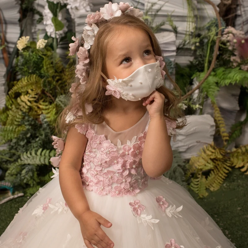 Abiti da ragazza di fiori rosa bianchi Tulle Appliques bianche fiori rosa senza maniche per abiti da principessa per banchetti di compleanno di nozze