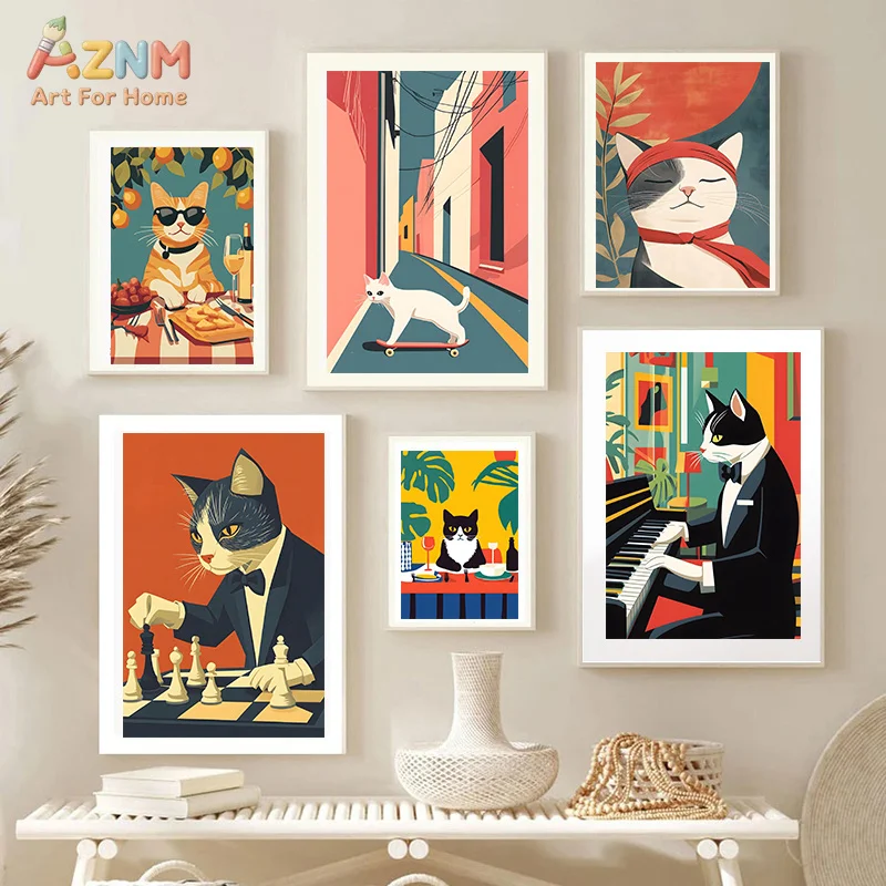 Whimsical Cute Cats Wall Art Modern Funny Animals Canvas Painting Prints Listening to Music Reading Books Home Bedroom Decor