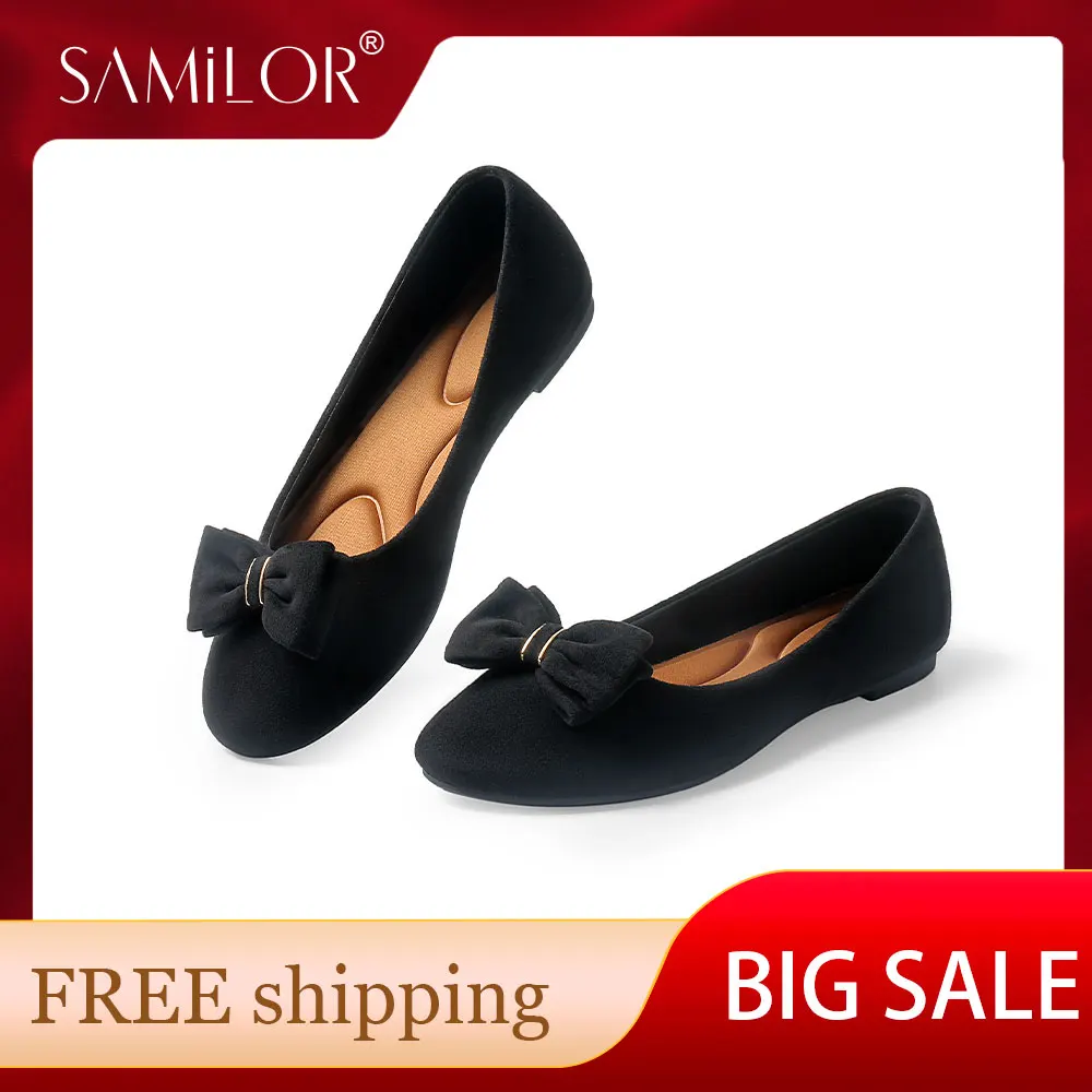 SAMILOR 2025 New Bow Ballet Shoes Suede Spring Flat Bottom Shoe Soft Elastic Sole Not Tiring for Feet Casual Versatile Shoes