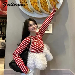 Japanese New Autumn Heavy Industry Striped Pleated Yarn Mesh Stitching Long Sleeve T-shirt Sweet Girl Women's Puffy Shirt Tops