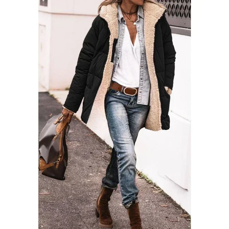 

2024Warm Winter Coats Reversible Sherpa Fleece Long Hooded Puffer Jackets Outerwear jacket women