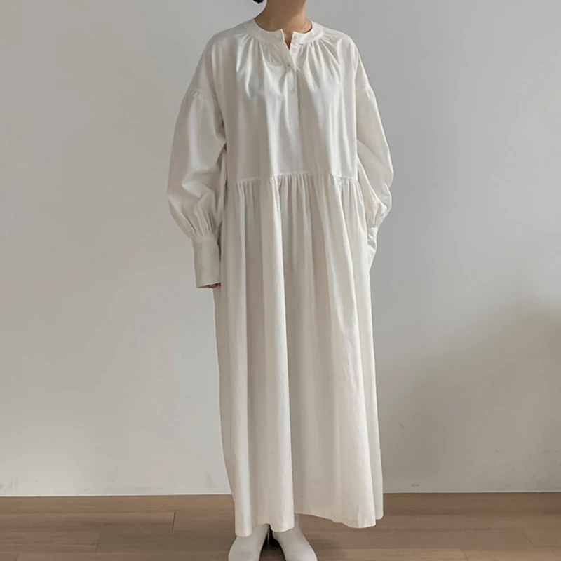 Tapis Chic rond Ne t-shirt bouton Design taille ample lanterne Sve couleur longue Dr femmes coréen Sle trajet