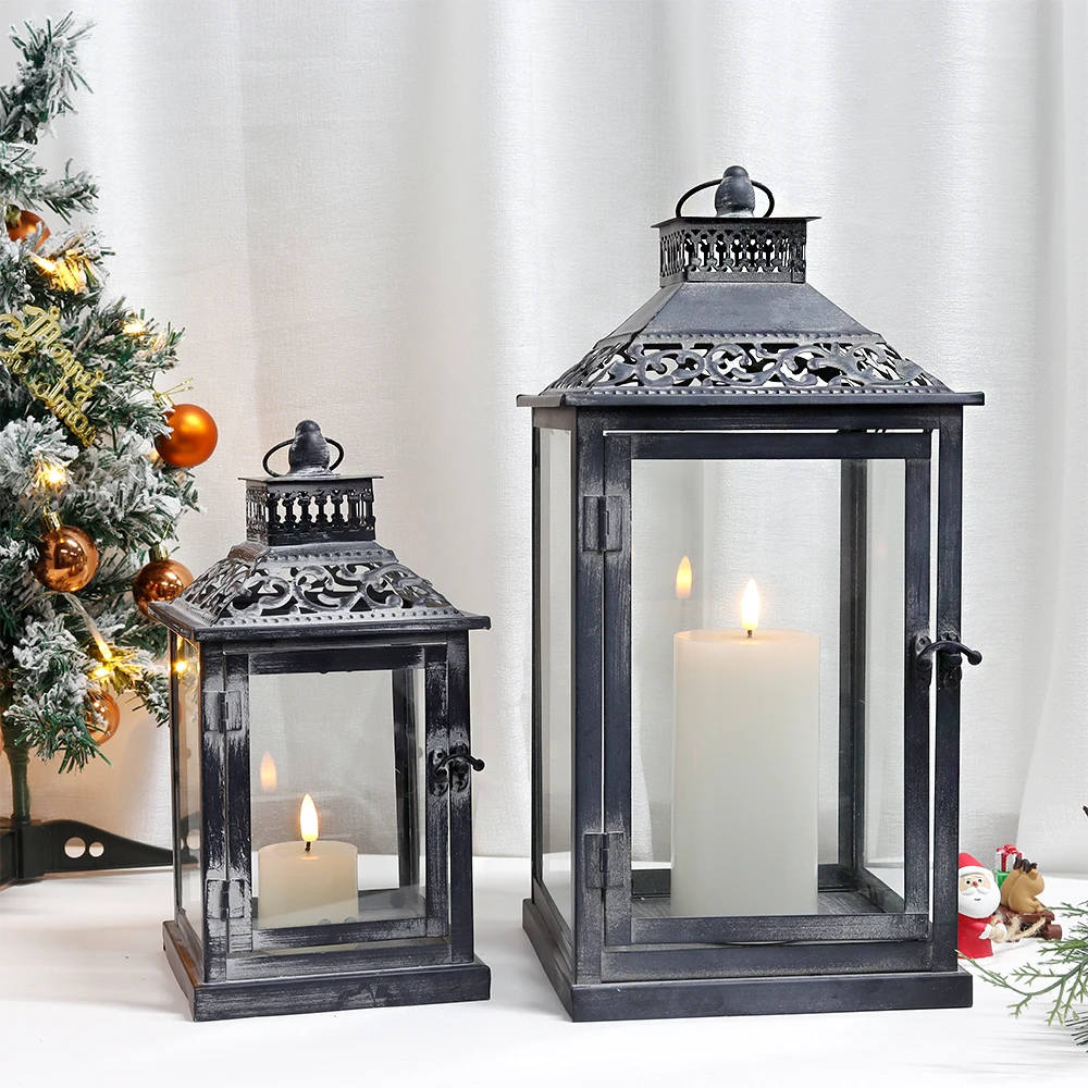 Set of Two Antique Grey Metal Vintage Square Style Hanging Candle Lantern Metal Candle Holder for Home Wedding Decor view 4
