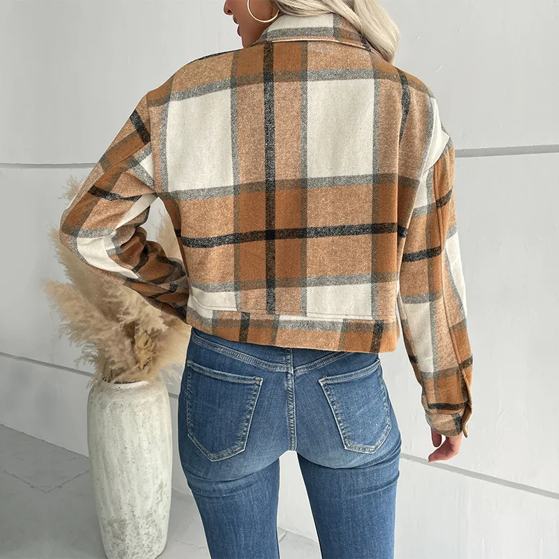 Autumn and Winter Europe and The United States Fashion Spell Color Plaid Cardigan Retro Lapel Short Jacket with Pockets Women