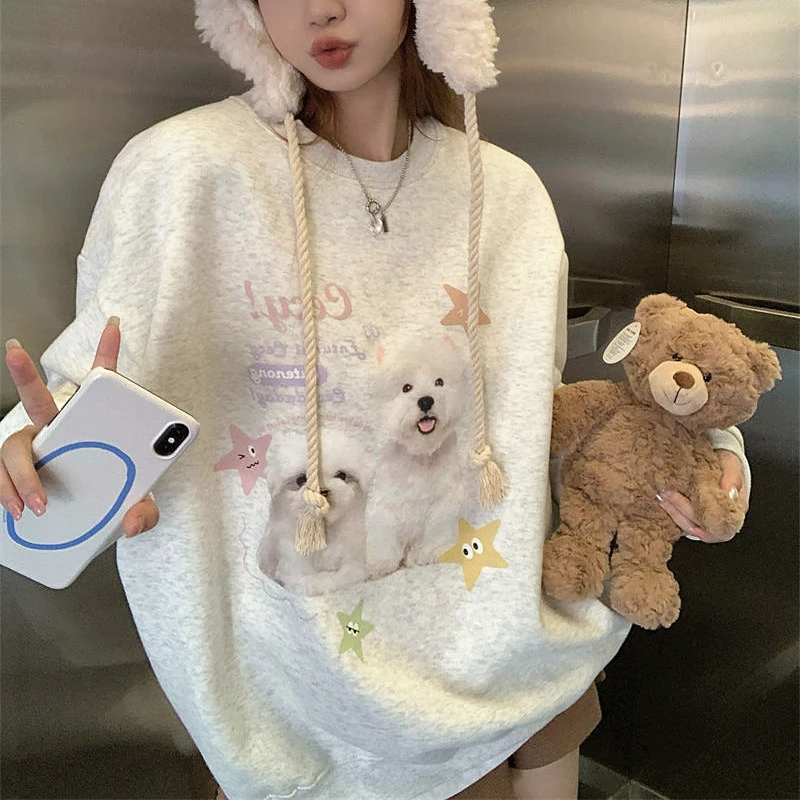 Korean Original Cute Stars Dog Print Y2K Hoodies O-neck Sweatshirt Fashion Winter Warm Fleece Pullover Loose Harajuku Streetwear