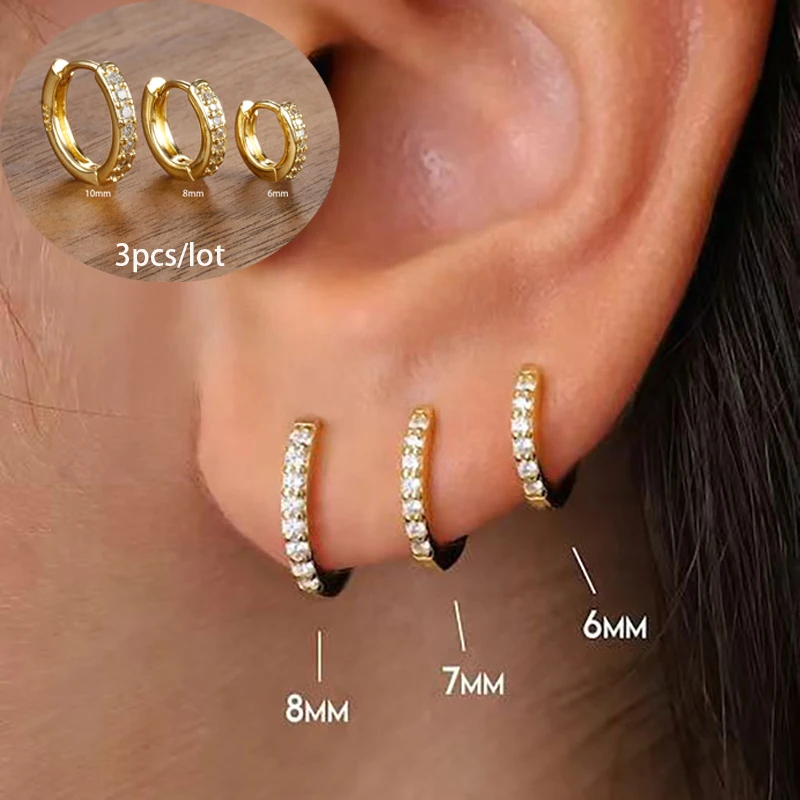 3pcs/set Stainless Steel Minimal Hoop Earrings Crystal Zirconia Small Huggie Helix Tragus Cartilage Earrings Piercing Jewelry