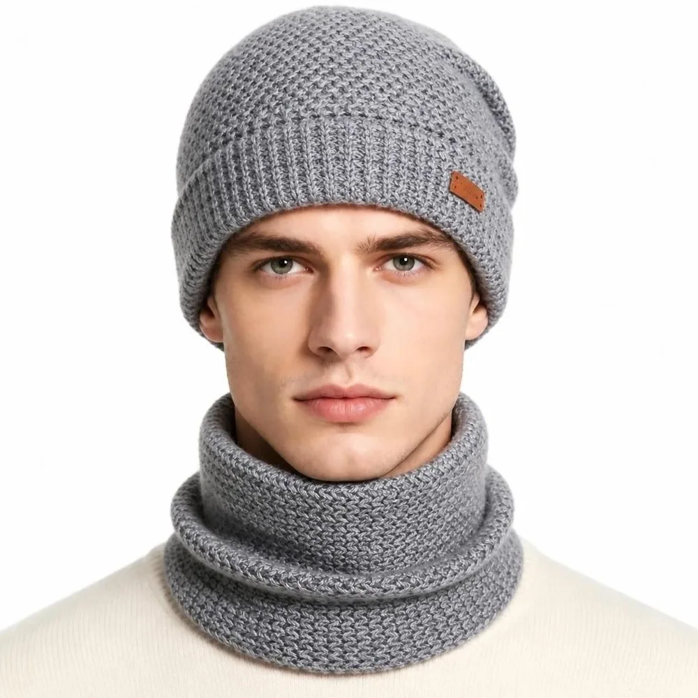 New Thicken Soft Hat Scarf Set Knit Windproof Coldproof Beanie Hat Warm Neck Warmer for Women and Men