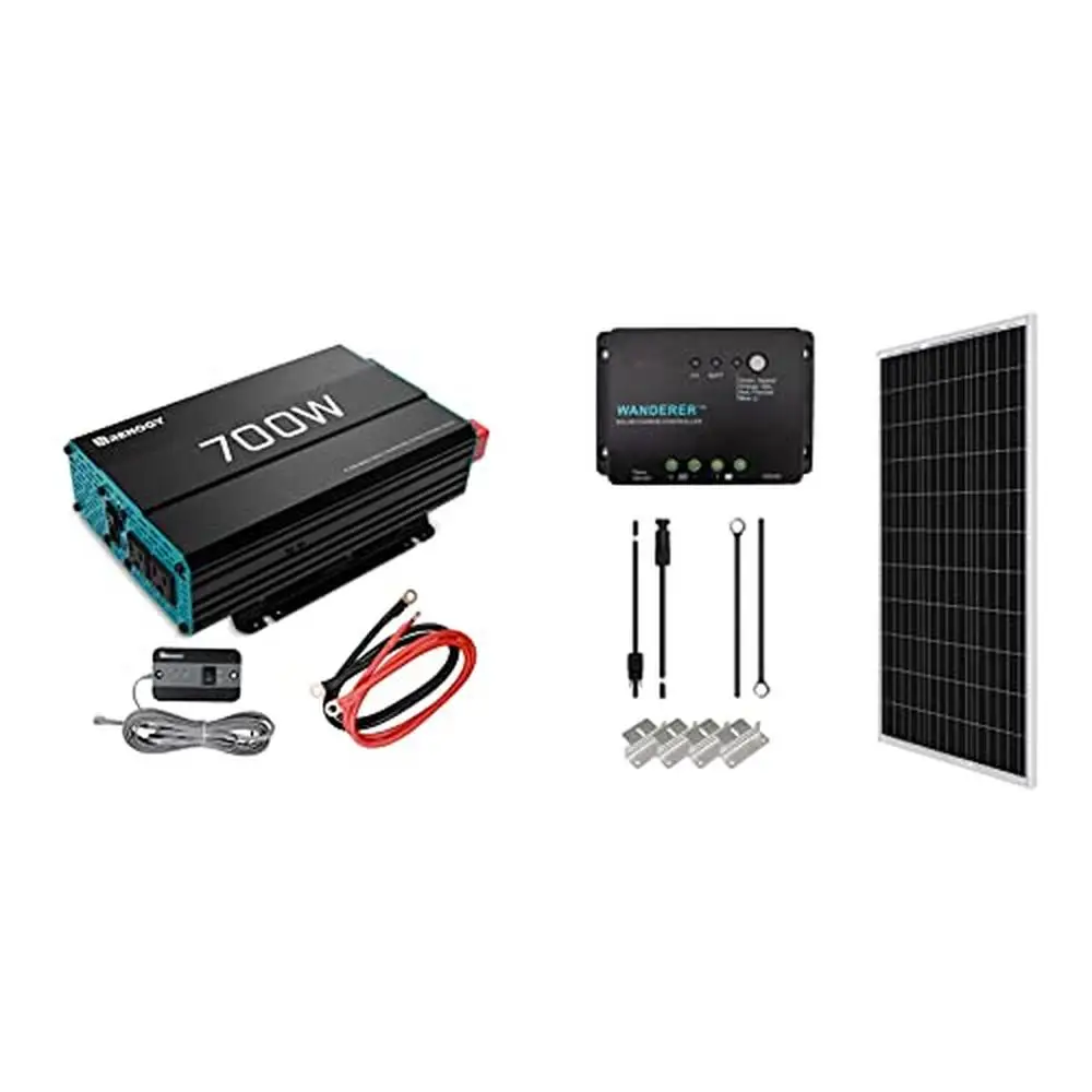 700W Pure Sine Wave Inverter Starter Kit with 100W Monocrystalline Panel USB Port AC Outlets Remote Control