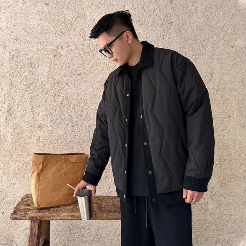 Premium Corduroy Panel Men's Winter Jacket Thickened Quilted Insulation Minimalist Flip Collar Design for Slim To Regular Fit