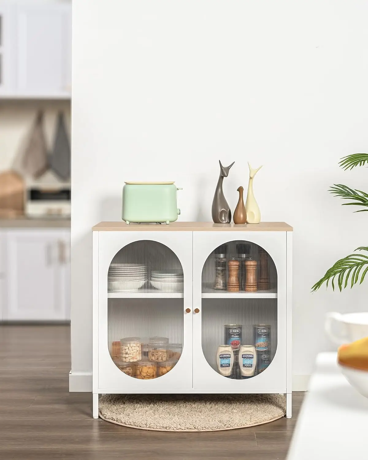 Metal Storage Cabinet, Buffet Sideboard with Translucent PC Board Doors, Cabinet for Kitchen,Living Room, Bar, Natural and White