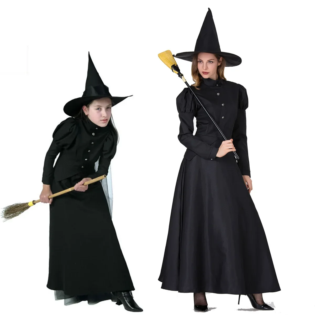 

Women Deluxe Wicked Witch Costume Black Full Length Dress Halloween Classic Witches Costumes Cosplay