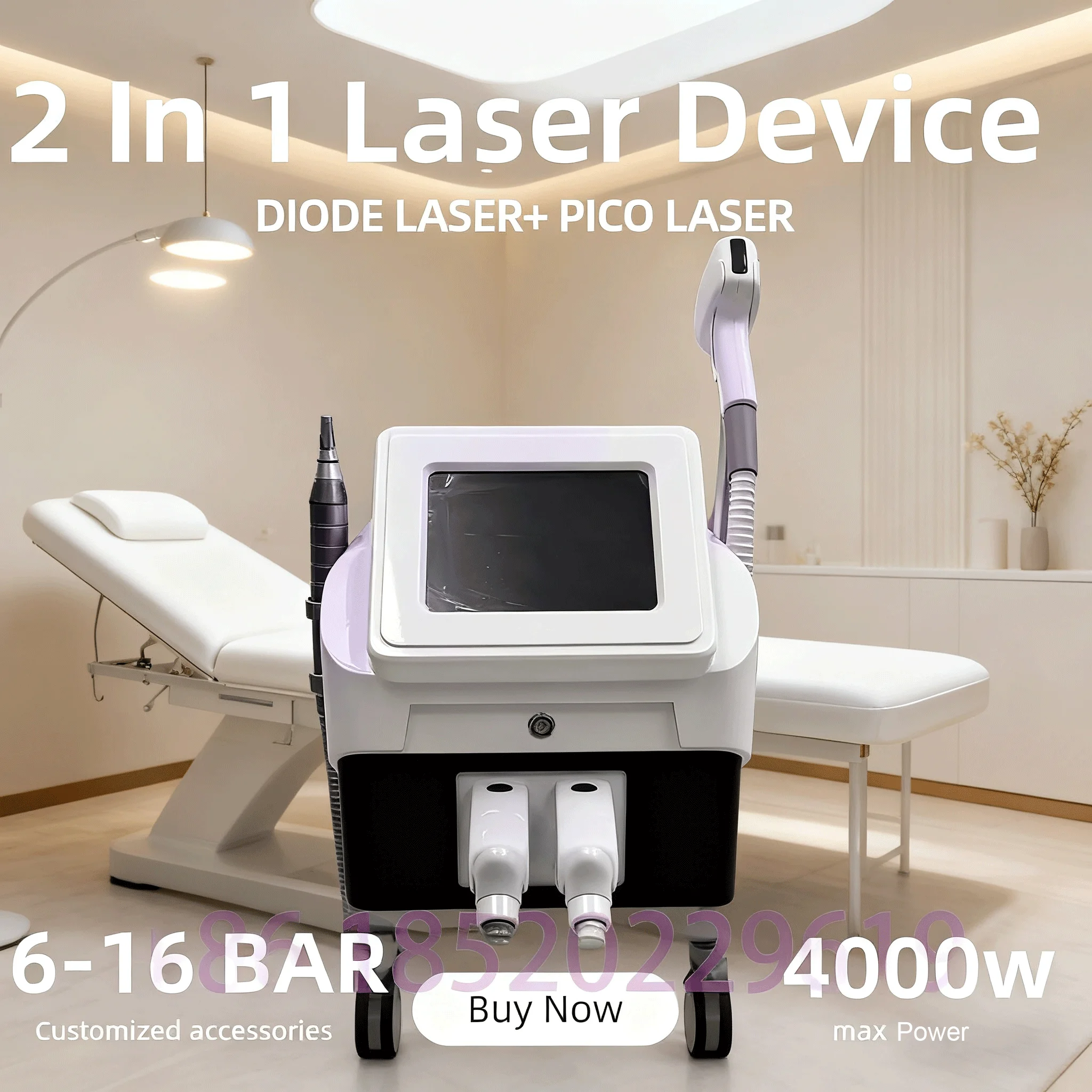 

Diode Laser Machine for Body Hair & Tattoo Fading, 2 Handles with Cooling System