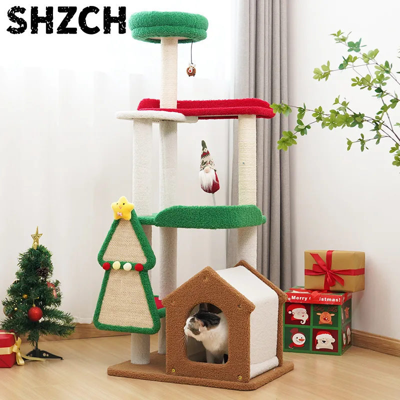 Christmas Cat Climbing Frame All-in-One Sisal Scratching Post Platform Durable Non-Shedding Cat Toy