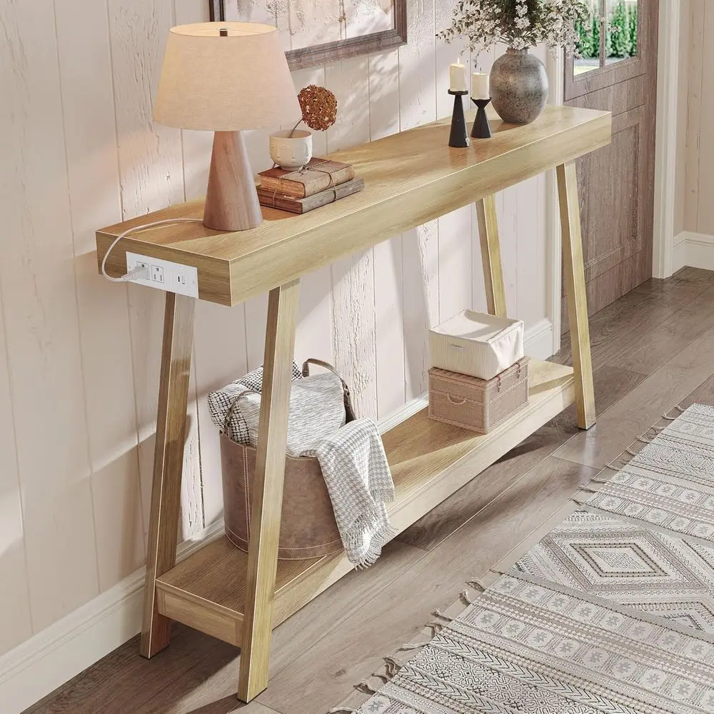Charging Station Entryway Table with USB-C Port, 2-Tier Design, 53.9 Sofa Side Table, Metal Legs, Thick Desktop, Natural Finish