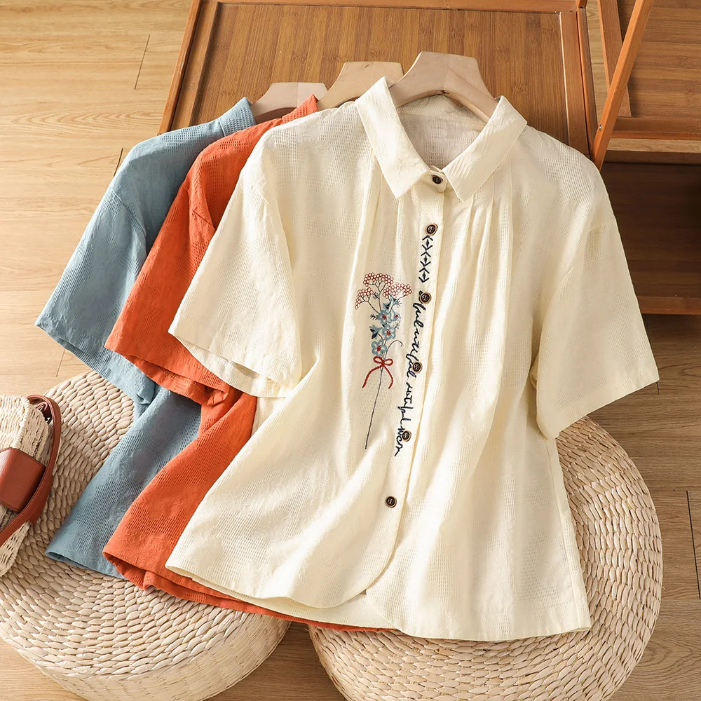 

High-End Large Size Cotton Linen Short Sleeve Shirt Jacket Stylish Top Women's Business Casual Breathable Summer New Arrival