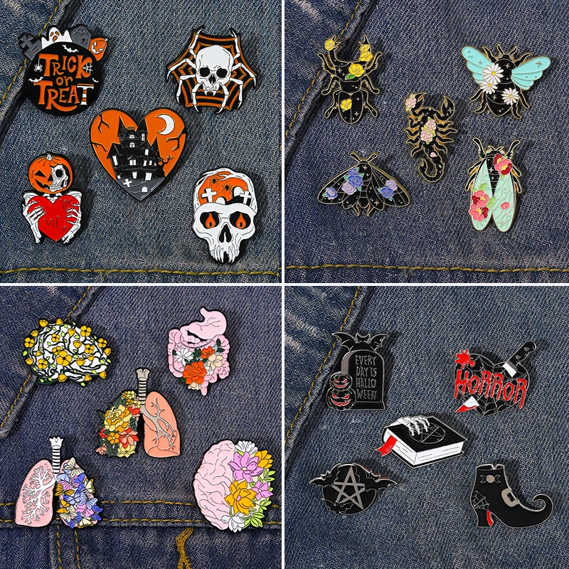 Goth Halloween Enamel Pin Set Ghost Black Cat Moth Witch Punk Brooches Horror Snake Badges for Men Dark Lapel Skeleton Jewelry