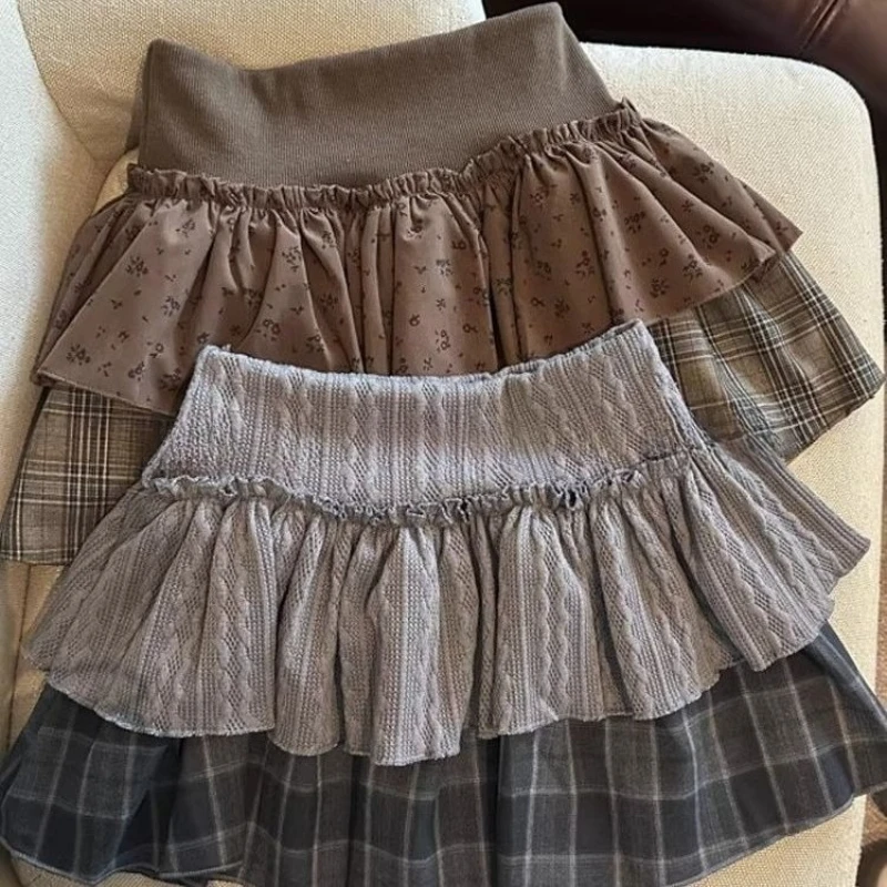 딥타운 빈티지 체크 스커트 여성 하라주쿠 일본식 스위트 프레피 스타일 미니 스커트 가을 겨울 패치워크 러플 숏 스커트