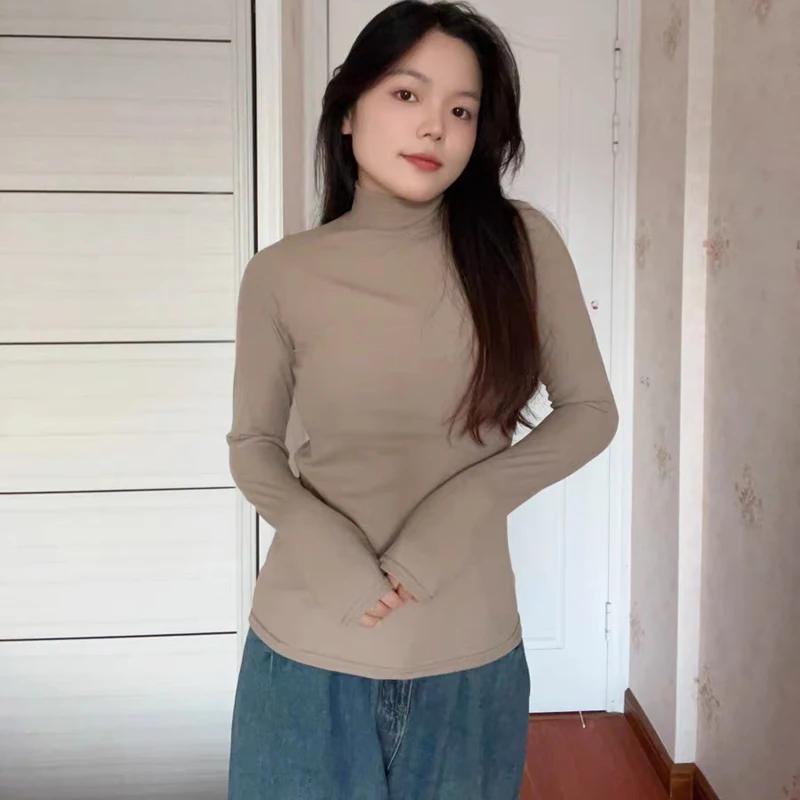 

Новая женская облегающая водолазка в рубчик, термобелье с длинными рукавами, эластичный базовый многослойный топ для всесезонных пуловеров