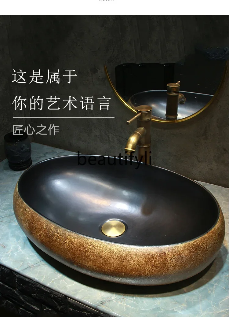 

ss Antique washbasin anti-splash balcony retro oval table ceramic art basin