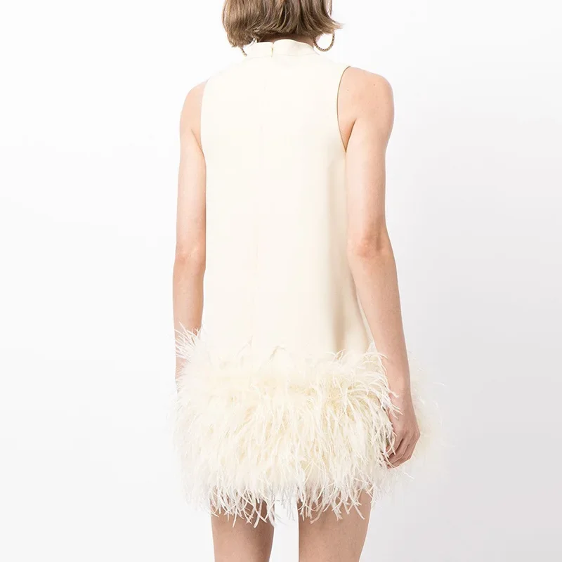 Ostrich Feather Short Skirt 2024 Summer Niche Design Half-high Collar Sleeveless Solid Color Straight Dress White Dress Women